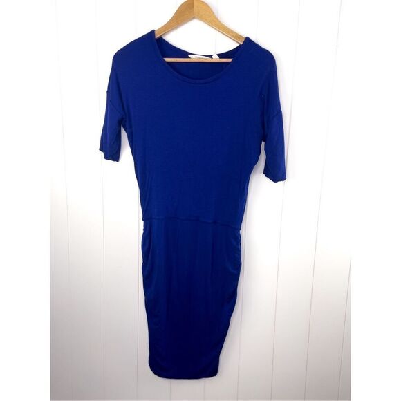 Athleta Wool Blend Solstice Short Sleeve Ruched‎ Tee Midi Dress Cobalt Blue XS - Picture 2 of 10